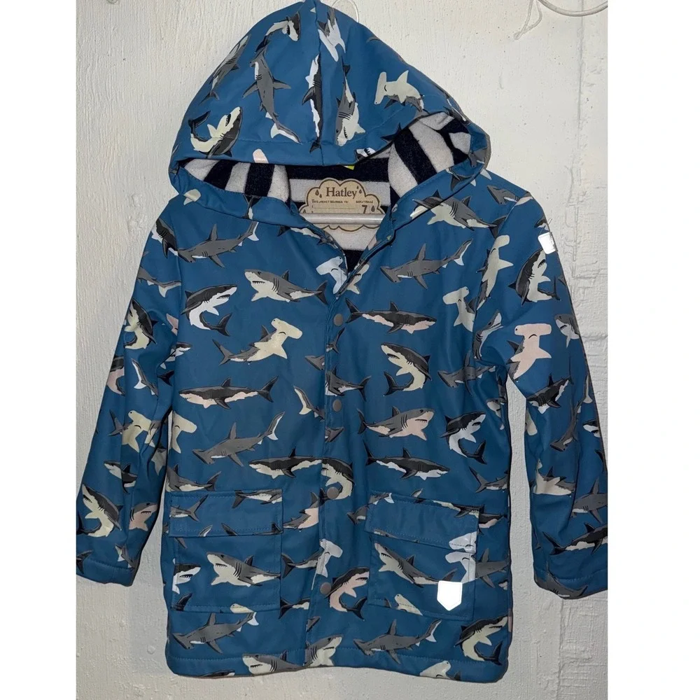 Hatley Boys Blue Shark Print Hooded Rain Jacket Stripe Terry Lined Size 7